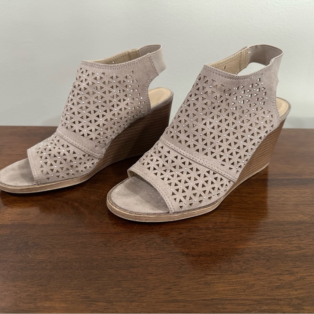 SO Tan Wedge Peep-Toe Booties